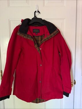 Pendleton Red Trench Coat with Plaid Trim